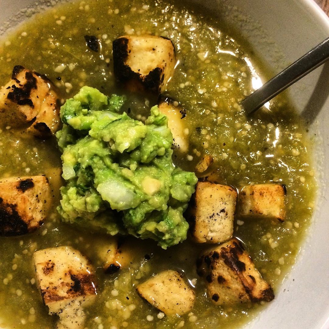 Tomatillo Soup with Blackened Tofu